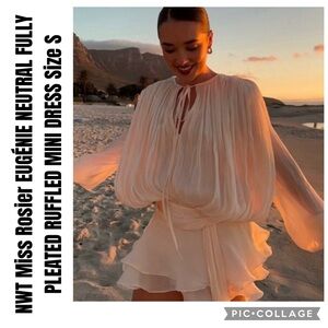 Miss Rosier Neutral Pleated Ruffled Mini Dress